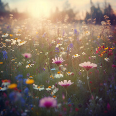 Fototapeta na wymiar Wildflowers in sunset light, Blooming spring meadow Field of summer flowers, Generative AI