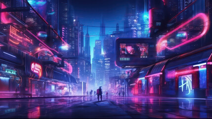 A creative and stylish background design in cyberpunk style. It features neon lights, geometric shapes, and futuristic elements For a sci-fi touch AI Generative