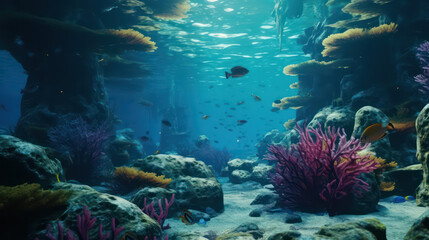 Fototapeta na wymiar A stunning image of an underwater sea in cyberpunk and sci-fi style. It shows a submerged Plants, Rocks and exotic creatures. It creates a sense of mystery and adventure AI Generative