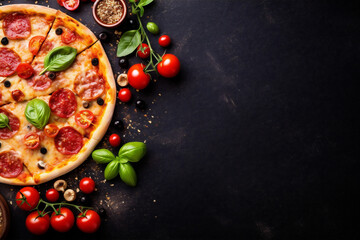 copy black food fast italian cheese basil food meal pizza background space tomato. Generative AI.