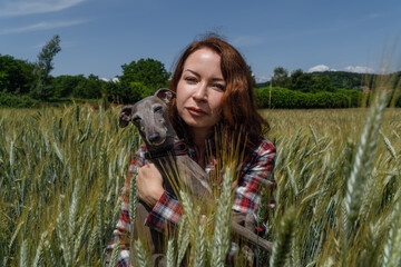 Close up view of happy woman with greyhound dog in the middle of a wheat field. Nature and animals concept.