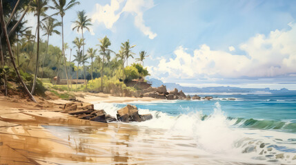 A watercolor dream of a tropical beach with palm trees and waves. The image portrays the charm and serenity of nature, with gentle colors and brush strokes AI Generative
