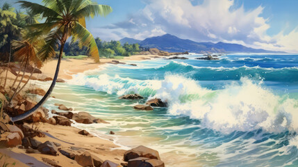 A watercolor dream of a tropical beach with palm trees and waves. The image portrays the charm and serenity of nature, with gentle colors and brush strokes AI Generative