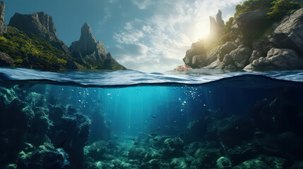  A contrast of two worlds, seen through a split view of the sea in sci-fi style. The image shows the beauty of the underwater world with mountains and skyscrapers above AI Generative