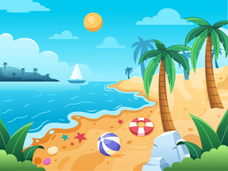 Fototapeta na wymiar Vector illustration of summer beach landscape, with a serene seashore with shimmering golden sand, tranquil waves caressing the shore, and vacation vibe. Perfect for greeting card, postcard, banner.