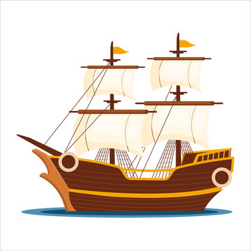 Stylized cartoon classic ship illustration, Old ship with white sales, sailing in the sea