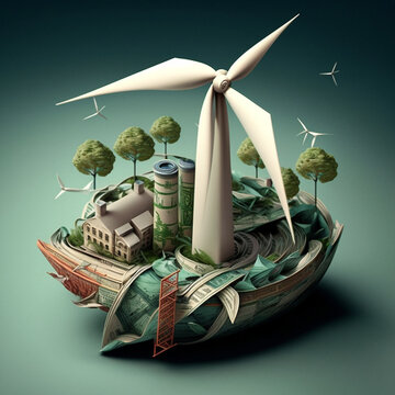 Green Energy Saving Money With Wind Turbine.  Conceptual AI Illustration. Green Economy Concept For Promotion On Environmentalism And Investments In Eco-friendly And Sustainable Energy Technology. 