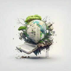 3d globe illustration, concept of land polluted by electronic waste, pollution problem due to planned obsolescence. Plastics in sea waters. Environmental impact of information technology