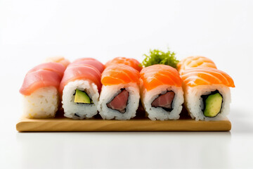 fish white background japanese rice roll sushi seafood food healthy set. Generative AI.