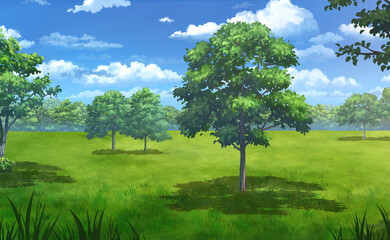 Trees in the Field at the Daytime - Anime Background.	
