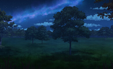 Trees in the Field at the Night - Anime Background.