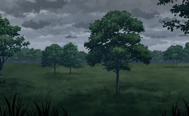 Fototapeta premium Trees in the Field on the overcast sky - 2D Anime Background.