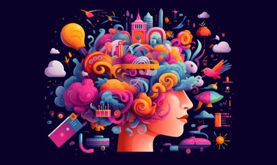 Colorful Creative Brain Illustration, Imagination and Inspiration Background. Generative AI