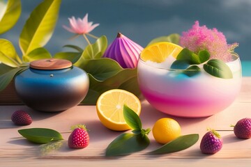 A bowl of ice with fruit and flowers in midsummer