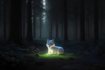 Colorful Artistic Portrait Digital Painting Illustration of a Young White Fox in the Forest at Night Digital Generative AI Art