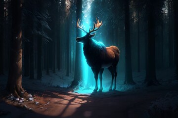 Colorful Artistic Silhouette Portrait of an Elk in a Forest at Night during Winter Digital Generative AI Art