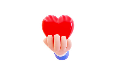 Red heart in hand with white background. 3D rendering.