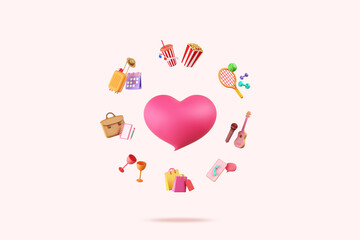 Lifestyle cute 3d pink heart activity daily life or routine for holiday dating, watch cinema, sing, play music, working, exercise, shopping, dinner, travel. object with clipping path. 3D illustration.