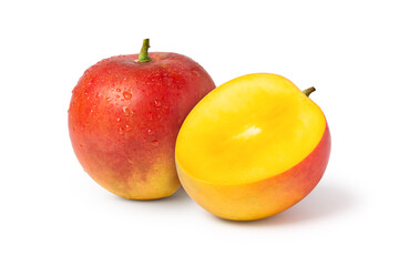 Mango fruit and half slice isolated on white background.