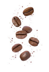 Coffee bean and coffee powder falling in the air isolated on white background.