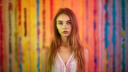 Fototapeta premium Beautiful skinny young woman blur soft colorful background. AI generation