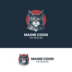 Maine Coon Cat Logo. A mascot logo or a cartoon logo with a modern vintage style. Suitable for pet shop, pet breeding, cat food, cat supplement, esport club, gamers, etc.