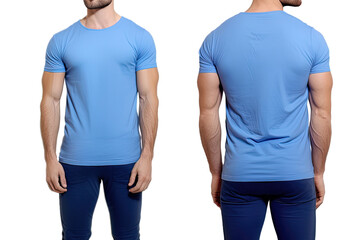 Photo realistic male blue t-shirts with copy space, front, and back view