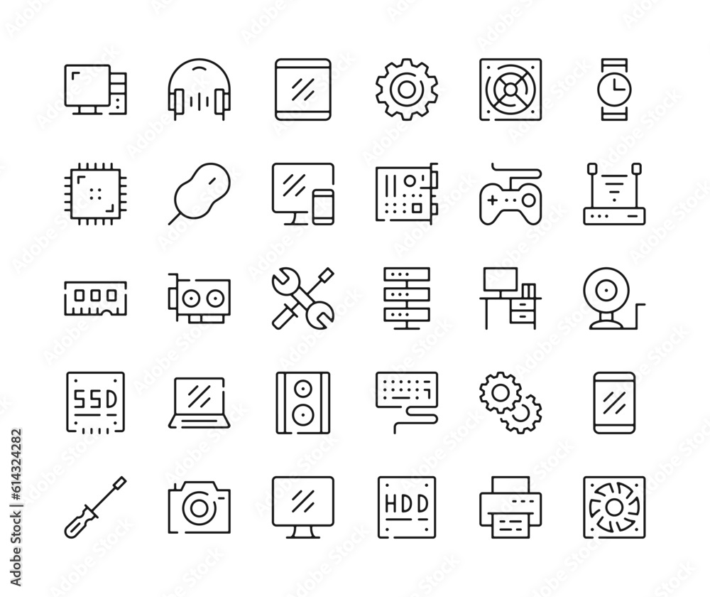 Poster computer hardware icons. vector line icons set. laptop and pc components, computer parts concepts. b