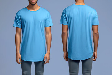 Photo realistic male blue t-shirts with copy space, front, and back view