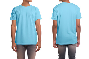 Photo realistic male blue t-shirts with copy space, front, and back view