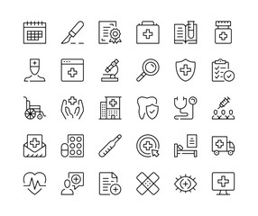 Fototapeta premium Medicine icons. Vector line icons set. Healthcare, pharmacy, treatment, hospital, medical concepts. Black outline stroke symbols