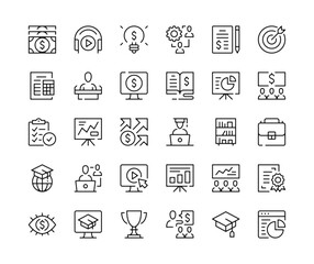 Business training icons. Vector line icons set. Seminar, workshop, learning, education concepts. Black outline stroke symbols