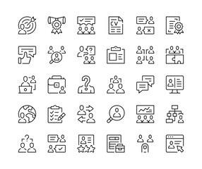 Human resources icons. Vector line icons set. Employment, hr, team management, career concepts. Black outline stroke symbols