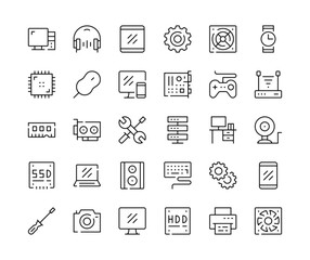 Computer hardware icons. Vector line icons set. Laptop and PC components, computer parts concepts. Black outline stroke symbols