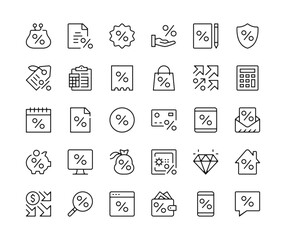 Discount icons. Vector line icons set. Loan, deal, percent sign, price change, percentage, interest rate, shopping sale concepts. Black outline stroke symbols