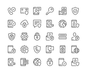 Mobile security icons. Vector line icons set. Smartphone protection, mobile phone safety, secure app, data security concepts. Black outline stroke symbols