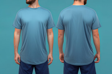 Photo realistic male blue t-shirts with copy space, front, and back view