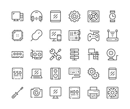 Computer hardware icons. Vector line icons set. Laptop and PC components, computer parts concepts. Black outline stroke symbols