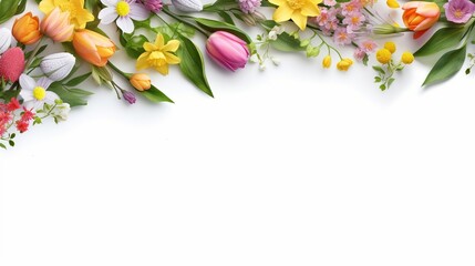 Beautiful composition of spring flowers and leaves on white background with copy space. generative Ai - obrazy, fototapety, plakaty