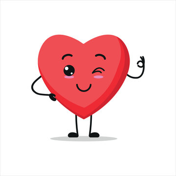 Cute smile and wink heart character. Funny heart say okay with hand cartoon emoticon in flat style.