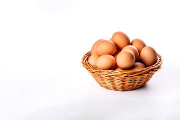 Eggs in basket isolated on white background with copy space