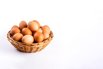 Eggs in basket isolated on white background with copy space