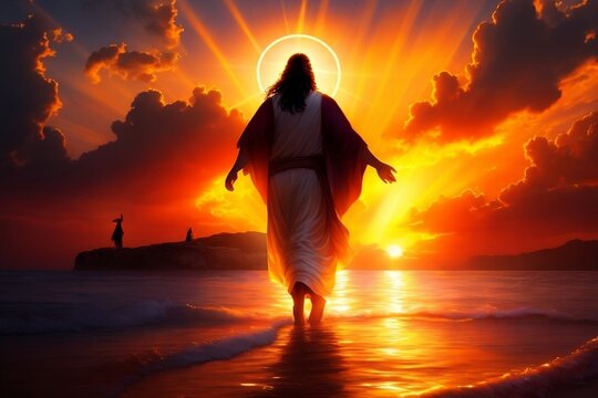 the figure of jesus walk on water on a beautiful dramatic sunset background. Radiant Presence: Jesus Walking on Water in a Vibrant Sunset