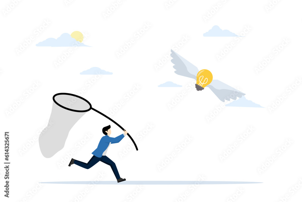 Aufkleber chasing flying idea or solution concept. businessman trying to catch flying light bulb with spoon ne