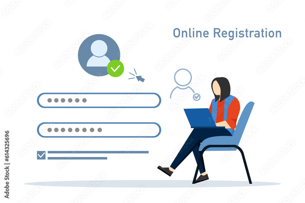 Poster online registration concept, registration user interface. woman create new account with secure login