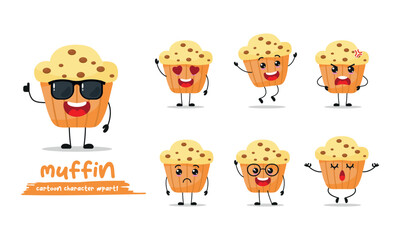 cute muffin cartoon with many expressions. different activity pose vector illustration flat design set with sunglasses.

