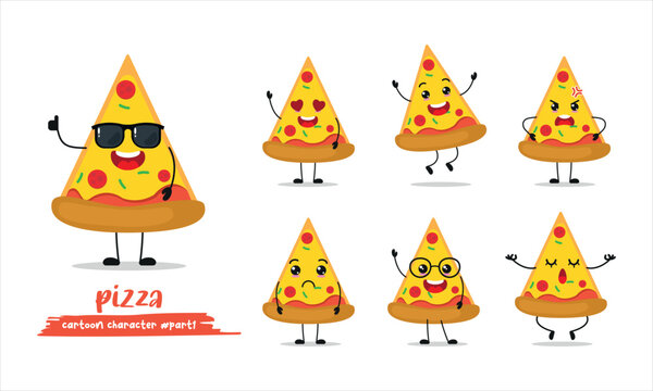 cute slice of pizza cartoon with many expressions. different activity pose vector illustration flat design set with sunglasses.