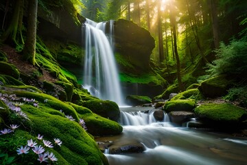 Clear forest stream flows over moss covered rocks below a cascading waterfall illuminated by sun rays.