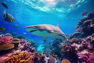Fototapeta premium shark swims underwater on the background of coral reefs