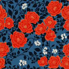 Floral Seamless Pattern of Red and White Flowers and Black Leaves on Blue in a Chinoiserie style. Hand Drawn Art. Wallpaper Design for Textiles, Papers, Prints, Fashion, Background, Beauty Products.